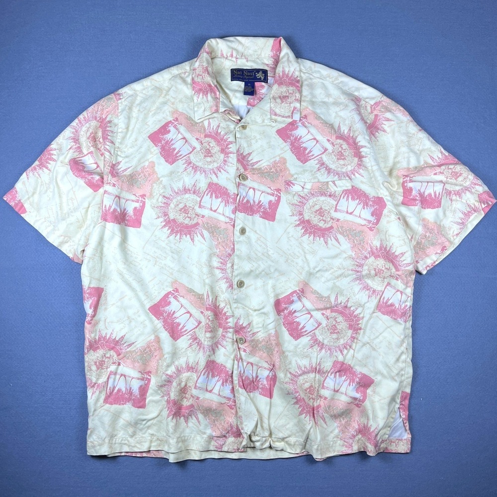Nat Nast Mens XL Silk Tropical Postcard Sun Print Short Sleeve Camp Shirt Pink